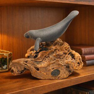 John Perry Manatee Sculpture on Burl Wood Driftwood Base Coastal Nautical Decor